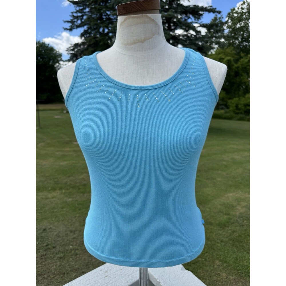 Justice Ribbed Aqua Blue Rhinestone Bling Tank Top Size 14 XL
